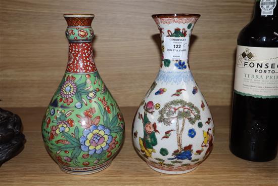 An 18th century Chinese clobbered guglet and two famille rose vases